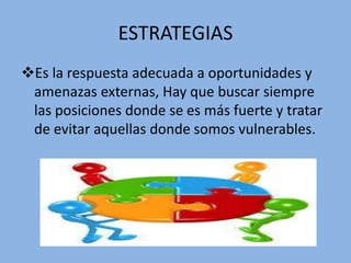 ESTRATEGIAS
Es la respuesta adecuada a oportunidades y
amenazas externas, Hay que buscar siempre
las posiciones donde se es más fuerte y tratar
de evitar aquellas donde somos vulnerables.
 