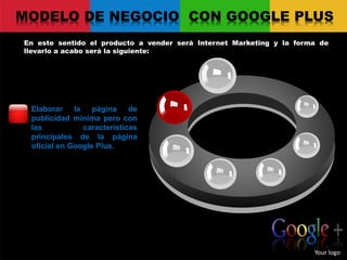 MODELO DE NEGOCIO CON GOOGLE PLUS
En este sentido el producto a vender será Internet Marketing y la forma de
llevarlo a acabo será la siguiente:
Your logo
Elaborar la página de
publicidad mínima pero con
las características
principales de la página
oficial en Google Plus.
 