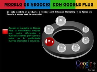 MODELO DE NEGOCIO CON GOOGLE PLUS
En este sentido el producto a vender será Internet Marketing y la forma de
llevarlo a acabo será la siguiente:
Your logo
Anexar en la página en Google
Plus la herramienta círculos
que podrá diferenciar a
nuestros clientes por cuanto a
estos se le publicitarán
nuevos productos o servicios.
 