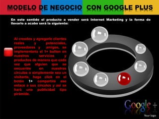 MODELO DE NEGOCIO CON GOOGLE PLUS
En este sentido el producto a vender será Internet Marketing y la forma de
llevarlo a acabo será la siguiente:
Your logo
Al creados y agregarle clientes
reales y potenciales,
proveedores y amigos, se
implementaría el 1+ button en
nuestros servicios y
productos de manera que cada
vez que alguien que se
encuentre en nuestros
círculos o simplemente sea un
visitante, haga click en el
botón 1+ compartirá ese
enlace a sus círculos y así se
hará una publicidad tipo
pirámide.
 