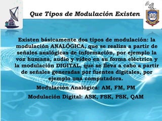 Que Tipos de Modulación Existen



  Existen básicamente dos tipos de modulación: la
 modulación ANALÓGICA, que se realiza a partir de
 señales analógicas de información, por ejemplo la
 voz humana, audio y video en su forma eléctrica y
la modulación DIGITAL, que se lleva a cabo a partir
   de señales generadas por fuentes digitales, por
            ejemplo una computadora.
       Modulación Analógica: AM, FM, PM
    Modulación Digital: ASK, FSK, PSK, QAM
 