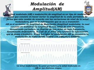Modulación de
                        Amplitud(AM)
Amplitud modulada (AM) o modulación de amplitud es un tipo de modulación
  lineal que consiste en hacer variar la amplitud de la onda portadora de
 forma que esta cambie de acuerdo con las variaciones de nivel de la señal
         moduladora, que es la información que se va a transmitir.
AM es el acrónimo de Amplitud de Modulación (Amplitud modulada), la cual
     consiste en modificar la amplitud de una señal de alta frecuencia,
    denominada portadora, en función de una señal de baja frecuencia,
 denominada moduladora, la cual es al señal que contiene la información
 que se desea transmitir. Entre los tipos de modulación AM se encuentra la
         modulación de doble banda lateral con portadora (DSBFC).




          La señal moduladora, la señal portadora y la señal modulada en
                           AM en sus distintas etapas.
 