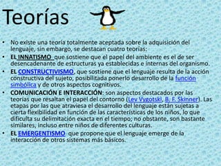 TeoríasNo existe una teoría totalmente aceptada sobre la adquisición del lenguaje, sin embargo, se destacan cuatro teorías: EL INNATISMO  que sostiene que el papel del ambiente es el de ser desencadenante de estructuras ya establecidas e internas del organismo.EL CONSTRUCTIVISMO, que sostiene que el lenguaje resulta de la acción constructiva del sujeto, posibilitada ponerlo desarrollo de la función simbólica y de otros aspectos cognitivos.COMUNICACIÓN E INTERACCIÓN: son aspectos destacados por las teorías que resaltan el papel del contorno (LevVygotski, B. F. Skinner). Las etapas por las que atraviesa el desarrollo del lenguaje están sujetas a cierta flexibilidad en función de las características de los niños, lo que dificulta su delimitación exacta en el tiempo; no obstante, son bastante similares, incluso entre niños de diferentes culturas.EL EMERGENTISMO  que propone que el lenguaje emerge de la interacción de otros sistemas más básicos.