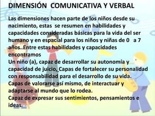 DIMENSIÓN  COMUNICATIVA Y VERBAL Las dimensiones hacen parte de los niños desde su nacimiento, estas  se resumen en habilidades y   capacidades consideradas básicas para la vida del ser humano y en espacial para los niños y niñas de 0   a 7 años. Entre estas habilidades y capacidades encontramosUn niño (a), capaz de desarrollar su autonomía y capacidad de juicio,Capas de fortalecer su personalidad con responsabilidad para el desarrollo de su vida.Capas de valorarse así mismo, de interactuar y adaptarse al mundo que lo rodea. Capaz de expresar sus sentimientos, pensamientos e ideas.