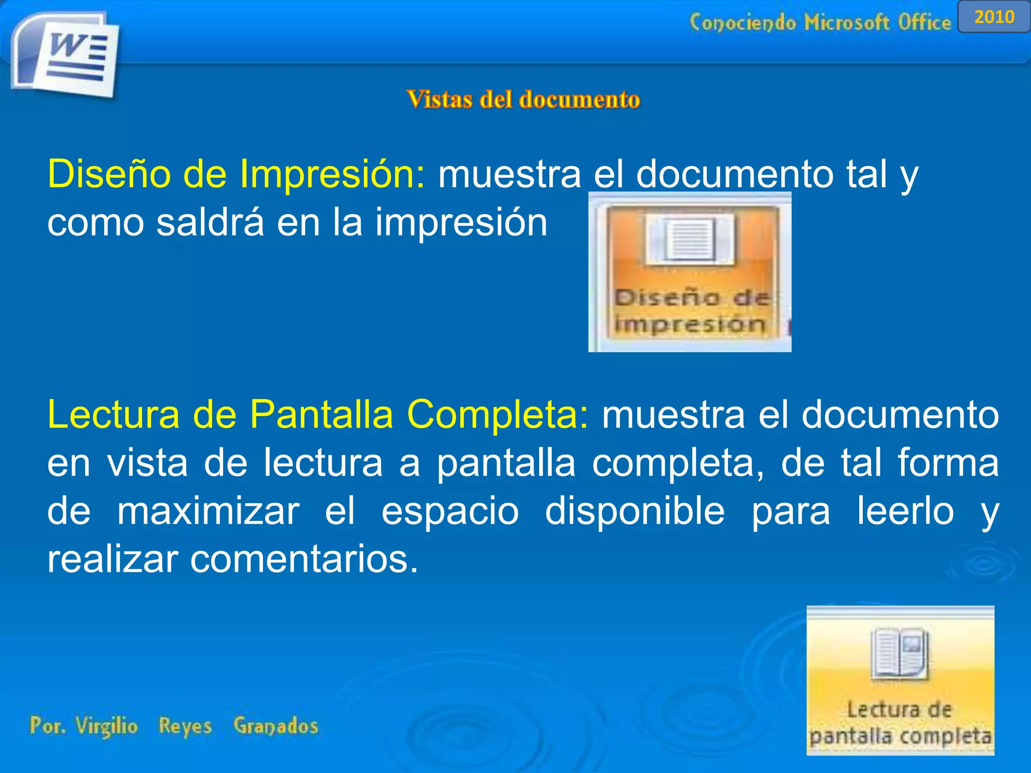 Diseño de Impresión: muestra el documento tal y
como saldrá en la impresión
Lectura de Pantalla Completa: muestra el documento
en vista de lectura a pantalla completa, de tal forma
de maximizar el espacio disponible para leerlo y
realizar comentarios.
2010
 