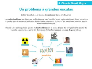 Un problema a grandes escalas
Estrés Oxidativo es el exceso de radicales libres en el cuerpo.
Los radicales libres son átomos o moléculas que han “perdido” uno o varios electrones de su estructura
original y que necesitan recuperar su equilibrio electroquímico “robando” los electrones faltantes a otras
moléculas equilibradas.
Hoy se sabe con seguridad que los radicales libres son la causa directa del envejecimiento celular de
nuestro organismo en general y de más de 250 enfermedades crónico degenerativas.
4 Ciencia Sanki Mayor
Humo del tabaco
Contaminación
atmosférica
Rayosultravioleta
Radiación ionizante
Grasassaturadas Metalesde transición
Pesticidase insecticidas
Estrés
Daño al ADN
Radicaleslibres
 