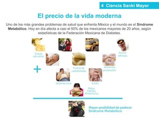 El precio de la vida moderna
Uno de los más grandes problemas de salud que enfrenta México y el mundo es el Síndrome
Metabólico. Hoy en día afecta a casi el 50% de los mexicanos mayores de 20 años, según
estadísticas de la Federación Mexicana de Diabetes.
Grasas
saturadas
Exceso de
carbohidratos
Sedentarismo
Malos
hábitos
alimenticios
Estrés
Alimentos
procesados
Azúcar
refinada
Mayor posibilidad de padecer
Síndrome Metabólico
4 Ciencia Sanki Mayor
 