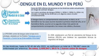 DENGUE EN EL MUNDO Y EN PERÚ
Cerca de 500 millones de personas en las Américas están actualmente
en riesgo de contraer dengue.
Los cuatro serotipos de dengue (DENV-1, DENV-2, DENV-3 y DEN-V 4)
circulan a lo largo de las Américas y en algunos casos circulan
simultáneamente.
El dengue tiene un comportamiento estacionario, es decir, en el
hemisferio Sur los casos ocurren durante la primera mitad del año, en el
hemisferio Norte, ocurren en la segunda mitad. Este patrón de
comportamiento corresponde a los meses más cálidos y lluviosos.
La OPS/OMS control del dengue sobre la base de la
estrategia, adoptada por los Estados "Estrategia para la
Prevención y Control de las Enfermedades Arbovirales"
En 2008, establecieron una Red de Laboratorios del Dengue de las
Américas (RELDA) para fortalecer las capacidades técnicas de
diagnóstico del dengue.
En las Américas, hasta la SE 40 del año 2022, se notificaron un total de 2,780,867 casos de
enfermedad por arbovirus. De estos, 2,499,047 ( 89.9 % ) fueron casos de dengue
 