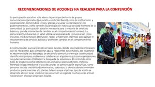 La participación social no solo abarca la participación tanto de grupos
comunitarios organizados (patronato, comité del barrio) como de instituciones y
organizaciones como clubes cívicos, iglesias, escuelas y organizaciones no
gubernamentales, como también la participación individual de cada miembro de la
comunidad. La participación social es necesaria para la mejoría de servicios
básicos y para la promoción de cambios en el comportamiento humano. La
comunicación/educación en salud utiliza varios canales de comunicación como
escuelas, medios masivos (televisión, radio) y materiales impresos para apoyar el
mejoramiento de servicios básicos y promover cambios en el comportamiento
humano.
En comunidades que carecen de servicios básicos, donde los criaderos principales
son los recipientes para almacenar agua y recipientes desechables, por lo general
es recomendable una estrategia de desarrollo comunitario en que la comunidad
identifica sus propios problemas y colabora con el gobierno y/o con organizaciones
no gubernamentales (ONGs) en la búsqueda de soluciones. El control de otros
tipos de criaderos como bebederos de animales o plantas (tiestos, materos,
floreros) se logra mediante el uso de canales de comunicación específicos, como
personas de alta credibilidad (veterinarios, botánicos) o tiendas donde se venden
productos para mascotas y/o plantas. Mientras que el primer tipo de acción se
desarrolla al nivel local, el último tipo de acción se organiza muchas veces al nivel
nacional con el apoyo de grupos locales.
RECOMENDACIONES DE ACCIONES HA REALIZAR PARA LA CONTENCIÓN
 