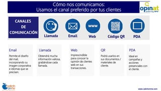 www.catchonme.com
Cómo nos comunicamos:
Usamos el canal preferido por tus clientes
Email
Permite el diseño
del mail,
incorporando su
imagen corporativa
e idiomas que se
precisen.
Llamada
Obtendrá mucha
información valiosa,
grabándose cada
llamada.
Web
Imprescindible
para conocer la
opinión de clientes
web en sus
transacciones.
QR
Podrá usarlos en
sus documentos /
materiales de
cliente.
PDA
Ideal en
campañas y
acciones
presenciales con
el cliente.
 