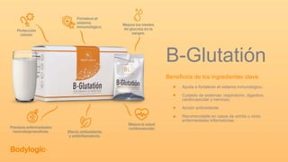 B-Glutatión
Beneficios de los ingredientes clave
Ayuda a fortalecer el sistema inmunológico.
Cuidado de sistemas: respiratorio, digestivo,
cardiovascular y nervioso.
Acción antioxidante.
Recomendable en casos de artritis u otras
enfermedades inflamatorias.
 