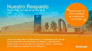 Nuestro Respaldo
Líder en el desarrollo de medicamentos y consolidada como una de
las farmacéuticas más importantes de México y Latinoamérica,
conservando en sus procesos la innovación, mejora y crecimiento
con la calidad que siempre los ha distinguido.
Grupo PiSA una vida al servicio de la
vida.
Desde hace 78
años mantiene
un compromiso
con la vida.
“ “
 