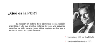 La reacción en cadena de la polimerasa es una reacción
enzimática in vitro que amplifica millones de veces una secuencia
específica de ADN durante varios ciclos repetidos en los que la
secuencia blanco es copiada fielmente.
† Inventada en 1985 por KaryB.Mullis
† Premio Nobel de Química, 1993
 