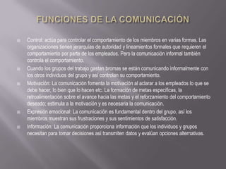 FUNCIONES DE LA COMUNICACIÓNControl: actúa para controlar el comportamiento de los miembros en varias formas. Las organizaciones tienen jerarquías de autoridad y lineamientos formales que requieren el comportamiento por parte de los empleados. Pero la comunicación informal también controla el comportamiento. Cuando los grupos del trabajo gastan bromas se están comunicando informalmente con los otros individuos del grupo y así controlan su comportamiento.Motivación: La comunicación fomenta la motivación al aclarar a los empleados lo que se debe hacer, lo bien que lo hacen etc. La formación de metas especificas, la retroalimentación sobre el avance hacia las metas y el reforzamiento del comportamiento deseado; estimula a la motivación y es necesaria la comunicación.Expresión emocional: La comunicación es fundamental dentro del grupo, así los miembros muestran sus frustraciones y sus sentimientos de satisfacción.Información: La comunicación proporciona información que los individuos y grupos necesitan para tomar decisiones así transmiten datos y evalúan opciones alternativas.