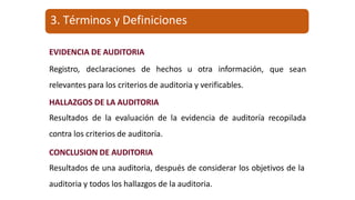EVIDENCIA DE AUDITORIA
Registro, declaraciones de hechos u otra información,
relevantes para los criterios de auditoria y verificables.
que sean
HALLAZGOS DE LA AUDITORIA
Resultados de la evaluación de la evidencia de auditoría recopilada
contra los criterios de auditoría.
CONCLUSION DE AUDITORIA
Resultados de una auditoria, después de considerar los objetivos de la
auditoria y todos los hallazgos de la auditoria.
3. Términos y Definiciones
 
