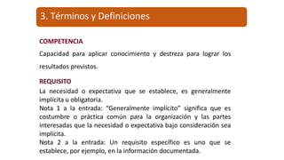 COMPETENCIA
Capacidad para aplicar conocimiento y destreza para lograr los
resultados previstos.
REQUISITO
La necesidad o expectativa que se establece, es generalmente
implícita u obligatoria.
Nota 1 a la entrada: “Generalmente implícito” significa que es
costumbre o práctica común para la organización y las partes
interesadas que la necesidad o expectativa bajo consideración sea
implícita.
Nota 2 a la entrada: Un requisito específico es uno que se
establece, por ejemplo, en la información documentada.
3. Términos y Definiciones
 