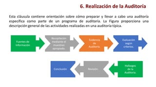 Esta cláusula contiene orientación sobre cómo preparar y llevar a cabo una auditoría
específica como parte de un programa de auditoría. La Figura proporciona una
descripción general de las actividades realizadas en una auditoría típica.
6. Realización de la Auditoría
Conclusión
Fuentes de
Información
Evidencia
de
Auditoria.
Recopilación
mediante el
muestreo
apropiado.
Revisión.
Evaluación
según
criterios.
Hallazgos
de la
Auditoria.
 