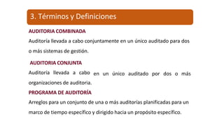 AUDITORIA COMBINADA
Auditoría llevada a cabo conjuntamente en un único auditado para dos
o más sistemas de gestión.
AUDITORIA CONJUNTA
Auditoría llevada a cabo
organizaciones de auditoria.
PROGRAMA DE AUDITORÍA
en un único auditado por dos o más
Arreglos para un conjunto de una o más auditorías planificadas para un
marco de tiempo específico y dirigido hacia un propósito específico.
3. Términos y Definiciones
 