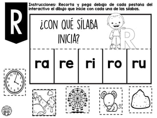 Instrucciones: Recorta y pega debajo de cada pestaña del
interactivo el dibujo que inicie con cada una de las sílabas.
ra re ri ro ru
 