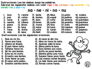 Instrucciones: Lee las sílabas, luego las palabras.
Subraya las siguientes sílabas con color rojo = na, naranja = ne, amarillo = ni,
verde = no y azul = nu
na – ne – ni – no - nu
Instrucciones: Lee las siguientes oraciones.
1. Ana
2. pan
3. nene
4. nenita
5. piano
6. pino
7. rana
8. nido
9. ranita
10. ratón
11. santo
12. Liliana
13. limón
14. luna
15. Anita
16. lana
17. lente
18. lentes
19. león
20.lunes
21. mono
22.nana
23.nata
24.Nati
25.Nina
26.nopal
27. nota
28.nudo
29.Tina
30.tuna
31. túnel
32.melón
33.patín
34.patina
35.antena
36.enanito
37. Inés
38.Lupana
39.mano
40.manos
41. molino
42.número
43.pantalón
44.pantano
45.patineta
46.peine
47.pepinos
48.suena
1. Noé es mi tío.
2. Toma una tuna.
3. Liliana es limpia.
4. El pan tiene nata.
5. Tatiana toma té.
6. Mi tío usa lentes.
7. Esta es mi moto.
8. Ernesto usa lentes.
9. Inés tiene un pan.
10. El nene está pelón.
11. Inesita camina lento.
12. Al nene le dio tos.
13. Nina se tomó la nata.
14. Apenas salió la luna.
15. Elena pinta la luna.
16. Esos lentes son míos.
17. Anita se pone lentes.
18. Elenita pinta una rosa.
19. Susana tiene unos tenis.
20.Las manos están limpias.
21. La tele tiene una antena.
22.Tomás come tunas.
 