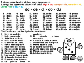 Instrucciones: Lee las sílabas, luego las palabras.
Subraya las siguientes sílabas con color rojo = da, naranja = de, amarillo = di,
verde = do y azul = du
da – de – di – do - du
Instrucciones: Lee las siguientes oraciones.
1. Aida
2. dedo
3. día
4. codo
5. dado
6. onda
7. pedal
8. poda
9. dos
10. duda
11. todo
12. duele
13. nada
14. nido
15. oído
16. soda
17. dime
18. indio
19. lodo
20.dama
21. dona
22.Dora
23.Daniel
24.David
25.dedal
26.Diana
27. moda
28.sudar
29.tarde
30.donde
31. diente
32.Adela
33.dominó
34.duende
35.sandia
36.escudo
37. dinero
38.cuando
39.modelo
40.soldado
41. puedo
42.dona
43.delantal
44.duerme
45.redondo
46.moneda
47.modista
48.medusa
1. Dora es modista.
2. Delia toma soda.
3. Aldo tiene un dado.
4. Dora nada en el río.
5. El disco es de Diana.
6. Daniel poda el pasto.
7. Dalia tiene dos dados.
8. Dale ese dado a papá.
9. Daniel anda a la moda.
10. Ricardo es un soldado.
11. La moneda tiene escudo.
12. A diana le duele el dedo.
13. El nido está en la rama.
14. La puerta tiene el
candado.
15. El soldado ordena
descansar.
16. A Tomás le duele el dedo.
17. Daniel tiene una mariposa.
18. Mamá apura a Elisa.
19. La piñata es de Paty.
20. Pepito espera su pastel.
21. María come mangos.
22. Luis ilumina su libro.
 