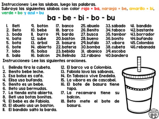 Instrucciones: Lee las sílabas, luego las palabras.
Subraya las siguientes sílabas con color rojo = ba, naranja = be, amarillo = bi,
verde = bo y azul = bu
ba – be – bi – bo - bu
Instrucciones: Lee las siguientes oraciones.
1. Beti
2. Beto
3. boda
4. bata
5. bota
6. bote
7. lobo
8. bala
9. botón
10. bebé
11. burro
12. sube
13. árbol
14. abierto
15. bolsa
16. balcón
17. banco
18. barco
19. barda
20.bastón
21. basura
22.batería
23.bebida
24.Belinda
25.abuelo
26.Benito
27. busca
28.bueno
29.búfalo
30.bomba
31. abanico
32.rábano
33.sábado
34.tabaco
35.tambor
36.bonito
37. víbora
38.cubeta
39.escoba
40.bandera
41. bandido
42.bastante
43.borrador
44.bufanda
45.Colombia
46.rebanada
1. Belinda tira la cubeta.
2. Benito bebe leche.
3. Esa bolsa es café.
4. Elisa usa bufanda.
5. Benito es un bebé.
6. Beto usa bermudas.
7. La tienda está abierta.
8. Beti usa botas bonitas.
9. El bebé es de Fabiola.
10. El abuelo usa un bastón.
11. El bandido saltó la barda.
12. El barco va a Colombia.
13. Fabiola lava las sábanas,
14. En Tabasco vive Enedelia.
15. La víbora es de cascabel.
16. El bote de basura tiene
tapa.
17. La recamara tiene su
balcón.
18. Beto mete el bote de
basura.
 