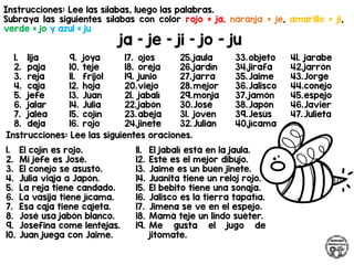 Instrucciones: Lee las sílabas, luego las palabras.
Subraya las siguientes sílabas con color rojo = ja, naranja = je, amarillo = ji,
verde = jo y azul = ju
ja – je – ji – jo - ju
Instrucciones: Lee las siguientes oraciones.
1. lija
2. paja
3. reja
4. caja
5. jefe
6. jalar
7. jalea
8. deja
9. joya
10. teje
11. frijol
12. hoja
13. Juan
14. Julia
15. cojín
16. rojo
17. ojos
18. oreja
19. junio
20.viejo
21. jabalí
22.jabón
23.abeja
24.jinete
25.jaula
26.jardín
27. jarra
28.mejor
29.monja
30.José
31. joven
32.Julián
33.objeto
34.jirafa
35.Jaime
36.Jalisco
37. jamón
38.Japón
39.Jesús
40.jícama
41. jarabe
42.jarrón
43.Jorge
44.conejo
45.espejo
46.Javier
47.Julieta
1. El cojín es rojo.
2. Mi jefe es José.
3. El conejo se asustó.
4. Julia viaja a Japón.
5. La reja tiene candado.
6. La vasija tiene jícama.
7. Esa caja tiene cajeta.
8. José usa jabón blanco.
9. Josefina come lentejas.
10. Juan juega con Jaime.
11. El jabalí está en la jaula.
12. Este es el mejor dibujo.
13. Jaime es un buen jinete.
14. Juanita tiene un reloj rojo.
15. El bebito tiene una sonaja.
16. Jalisco es la tierra tapatía.
17. Jimena se ve en el espejo.
18. Mamá teje un lindo suéter.
19. Me gusta el jugo de
jitomate.
 