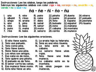 Instrucciones: Lee las sílabas, luego las palabras.
Subraya las siguientes sílabas con color rojo = ña, naranja = ñe, amarillo = ñi,
verde = ño y azul = ñu
ña – ñe – ñi – ño - ñu
Instrucciones: Lee las siguientes oraciones.
1. uña
2. albañil
3. añejo
4. año
5. niña
6. puño
7. riña
8. niño
9. riñon
10. araña
11. piña
12. lena
13. maña
14. baño
15. paño
16. caña
17. daño
18. señal
19. señor
20.moño
21. señora
22.piñata
23.sueño
24.Toño
25.buñuelo
26.ñoño
27. cabaña
28.cariño
29.dueña
30.enseña
31. España
32.español
33.mañana
34.montaña
35.muñeca
36.niñera
37. pañuelo
38.pestaña
39.risueño
1. El niño tiene sueño.
2. Toño usa pañuelo.
3. Toño come piña.
4. Toño tiene sueño.
5. Ñoño tiene una piña.
6. Los niños son amigos.
7. Esa caña es de ñoño.
8. Toño quiere una piñata.
9. El pañuelo es de Toño.
10. El señor corta las cañas.
11. Esa muñeca tiene moño.
12. Esta niña tiene un año.
13. La araña teje su telaraña.
14. Toña es una niña risueña.
15. La leña está en la
cabaña.
16. La señora tiene uñas
rojas.
17. Toño tiene una linda
muñeca.
18. La cabaña está en la
montaña.
19. Las niñas juegan con
muñecas.
 