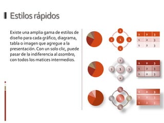 Estilosrápidos
Existe una amplia gama de estilos de
diseño para cada gráfico, diagrama,
tabla o imagen que agregue a la
presentación.Con un solo clic, puede
pasar de la indiferencia al asombro,
con todos los matices intermedios.
1
2
3
4
5
1
2
3
4
5
1
2
3
4
5
1 2 3
1 2 3
1 2 3
1 2 3
1 2 3
1 2 3
1 2 3
1 2 3
1 2 3
 