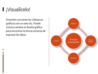 ¡Visualícelo!
SmartArt convierte las viñetas en
gráficos con un solo clic. Puede
incluso cambiar el diseño gráfico
para encontrar la forma correcta de
expresar las ideas.
Proceso
empresarial
Explotar
Prestar
soporte
Optimizar
Cambiar
 
