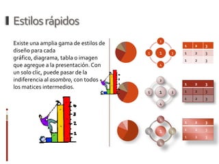 Estilos rápidos
                                           2
Existe una amplia gama de estilos de               1   2   3
diseño para cada                       5   1   3   1   2   3
gráfico, diagrama, tabla o imagen                  1   2   3
que agregue a la presentación. Con         4

un solo clic, puede pasar de la
indiferencia al asombro, con todos         2
                                                   1   2   3
los matices intermedios.
                                       5   1   3   1   2   3
                                                   1   2   3
                                           4



                                           2
                                                   1   2   3

                                       5   1   3   1   2   3
                                                   1   2   3
                                           4
 