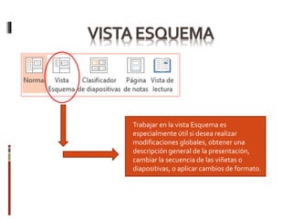 Trabajar en la vista Esquema es
especialmente útil si desea realizar
modificaciones globales, obtener una
descripción general de la presentación,
cambiar la secuencia de las viñetas o
diapositivas, o aplicar cambios de formato.
 