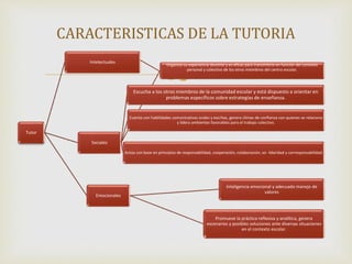 CARACTERISTICAS DE LA TUTORIA 
 
Tutor 
Intelectuales 
Sociales 
Organiza su experiencia docente y es eficaz para transmitirla en función del contexto 
personal y colectivo de los otros miembros del centro escolar. 
Escucha a los otros miembros de la comunidad escolar y está dispuesto a orientar en 
problemas específicos sobre estrategias de enseñanza. 
Cuenta con habilidades comunicativas orales y escritas, genera climas de confianza con quienes se relaciona 
y lidera ambientes favorables para el trabajo colectivo. 
Actúa con base en principios de responsabilidad, cooperación, colaboración, so- lidaridad y corresponsabilidad. 
Emocionales 
Inteligencia emocional y adecuado manejo de 
valores 
Promueve la práctica reflexiva y analítica, genera 
escenarios y posibles soluciones ante diversas situaciones 
en el contexto escolar. 
 