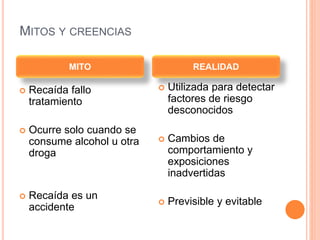 MITOS Y CREENCIAS
 Recaída fallo
tratamiento
 Ocurre solo cuando se
consume alcohol u otra
droga
 Recaída es un
accidente
 Utilizada para detectar
factores de riesgo
desconocidos
 Cambios de
comportamiento y
exposiciones
inadvertidas
 Previsible y evitable
MITO REALIDAD
 