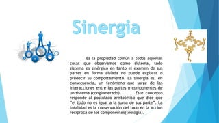 Es la propiedad común a todos aquellas
cosas que observamos como sistema, todo
sistema es sinérgico en tanto el examen de sus
partes en forma aislada no puede explicar o
predecir su comportamiento. La sinergia es, en
consecuencia, un fenómeno que surge de las
interacciones entre las partes o componentes de
un sistema (conglomerado). Este concepto
responde al postulado aristotélico que dice que
“el todo no es igual a la suma de sus parte”. La
totalidad es la conservación del todo en la acción
reciproca de los componentes(teología).
 