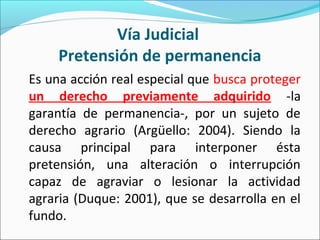 Vía Judicial
Pretensión de permanencia
Es una acción real especial que busca proteger
un derecho previamente adquirido -la
garantía de permanencia-, por un sujeto de
derecho agrario (Argüello: 2004). Siendo la
causa principal para interponer ésta
pretensión, una alteración o interrupción
capaz de agraviar o lesionar la actividad
agraria (Duque: 2001), que se desarrolla en el
fundo.
 