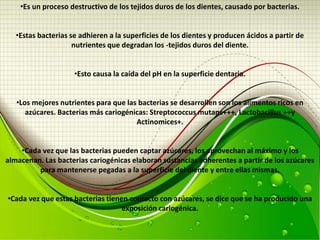 •Es un proceso destructivo de los tejidos duros de los dientes, causado por bacterias.
•Estas bacterias se adhieren a la superficies de los dientes y producen ácidos a partir de
nutrientes que degradan los -tejidos duros del diente.
•Esto causa la caída del pH en la superficie dentaria.
•Los mejores nutrientes para que las bacterias se desarrollen son los alimentos ricos en
azúcares. Bacterias más cariogénicas: Streptococcus mutans+++, Lactobacillus ++y
Actinomices+.
•Cada vez que las bacterias pueden captar azúcares, los aprovechan al máximo y los
almacenan. Las bacterias cariogénicas elaboran sustancias adherentes a partir de los azúcares
para mantenerse pegadas a la superficie del diente y entre ellas mismas.
•Cada vez que estas bacterias tienen contacto con azúcares, se dice que se ha producido una
exposición cariogénica.
 