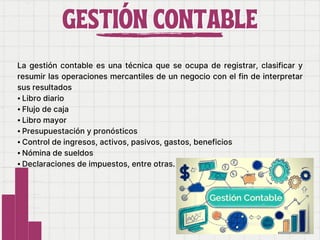 La gestión contable es una técnica que se ocupa de registrar, clasificar y
resumir las operaciones mercantiles de un negocio con el fin de interpretar
sus resultados
⦁ Libro diario
⦁ Flujo de caja
⦁ Libro mayor
⦁ Presupuestación y pronósticos
⦁ Control de ingresos, activos, pasivos, gastos, beneficios
⦁ Nómina de sueldos
⦁ Declaraciones de impuestos, entre otras.
GESTIÓN CONTABLE
GESTIÓN CONTABLE
 