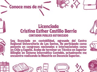 Licenciada
Licenciada
Cristina Esther Castillo Barria
Cristina Esther Castillo Barria
Conoce mas de mi
Conoce mas de mi
CONTADOR PUBLICO AUTORIZADO
CONTADOR PUBLICO AUTORIZADO
Soy licenciada en contabilidad, egresada del Centro
Soy licenciada en contabilidad, egresada del Centro
Regional Universitario de Los Santos. He participado como
Regional Universitario de Los Santos. He participado como
ponente en congresos nacionales e internacionales como
ponente en congresos nacionales e internacionales como
en Chile y España. Acabo de terminar un Técnico en Superior
en Chile y España. Acabo de terminar un Técnico en Superior
Bilingüe en Sistema Informático Contable, actualmente me
Bilingüe en Sistema Informático Contable, actualmente me
encuentro realizando la Maestria en Docencia Superior.
encuentro realizando la Maestria en Docencia Superior.
 