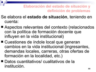 Se elabora el  estado de situación , teniendo en cuenta:  Aspectos relevantes del contexto (relacionados con la política de formación docente que influyen en la vida institucional) Cuestiones de índole local que generan cambios en la vida institucional (ingresantes, demandas locales, carreras, otras ofertas de formación en la localidad, etc.) Datos cuantitativos/ cualitativos de la institución. Elaboración del estado de situación y definición de problemas 
