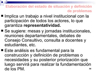 Implica un trabajo a nivel institucional con la participación de todos los actores, lo que garantiza  representatividad. Se sugiere: mesas y jornadas institucionales, reuniones departamentales, debates de Consejo Consultivo, consulta a docentes y estudiantes, etc.  Este análisis es fundamental para la construcción y definición de problemas o necesidades y su posterior priorización que luego servirá para realizar la fundamentación de los PM. Elaboración del estado de situación y definición de problemas 