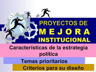PROYECTOS DE   M E J O R A INSTITUCIONAL Temas prioritarios Características de la estrategia política   Criterios para su diseño 