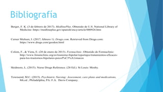 Bibliografía
Berger, F. K. (3 de febrero de 2017). MedlinePlus. Obtenido de U.S. National Library of
Medicine: https://medlineplus.gov/spanish/ency/article/000926.htm
Cerner Multum, I. (2017, febrero 1). Drugs.com. Retrieved from Drugs.com:
https://www.drugs.com/geodon.html
Colom, F., & Vieta, E. (20 de enero de 2013). Formuclinic. Obtenido de Formuclinic:
http://www.forumclinic.org/es/trastorno-bipolar/reportajes/tratamientos-eficaces-
para-los-trastornos-bipolares-psicof%C3%A1rmacos
Skidmore, L. (2015). Nurse Drugs Reference. (28 Ed.). St Louis: Mosby.
Townsend, M.C. (2015). Psychiatric Nursing: Assessment, care plans and medications,
8th.ed , Philadelphia, PA: F.A. Davis Company.
 