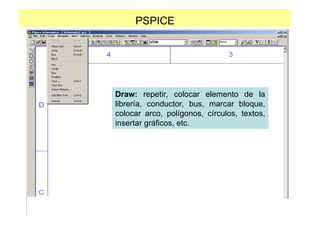 PSPICE
Draw: repetir, colocar elemento de la
librería, conductor, bus, marcar bloque,
colocar arco, polígonos, círculos, textos,
insertar gráficos, etc.
 