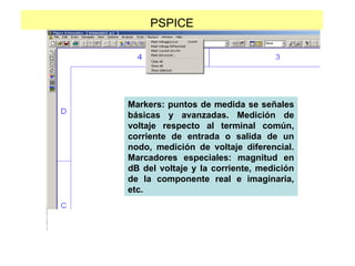 PSPICE
Markers: puntos de medida se señales
básicas y avanzadas. Medición de
voltaje respecto al terminal común,
corriente de entrada o salida de un
nodo, medición de voltaje diferencial.
Marcadores especiales: magnitud en
dB del voltaje y la corriente, medición
de la componente real e imaginaria,
etc.
 