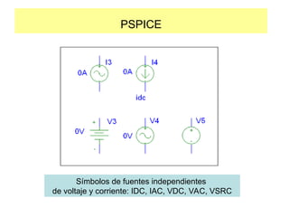 PSPICE
Símbolos de fuentes independientes
de voltaje y corriente: IDC, IAC, VDC, VAC, VSRC
 