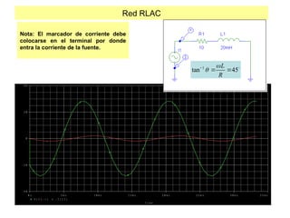 Red RLAC
Nota: El marcador de corriente debe
colocarse en el terminal por donde
entra la corriente de la fuente.
T i m e
0 s 5 m s 1 0 m s 1 5 m s 2 0 m s 2 5 m s 3 0 m s 3 5 m s
V ( I 1 : + ) - I ( I 1 )
- 4 0
- 2 0
0
2 0
4 0
1
tan 45
L
R



  
 