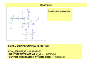 Opampinv
Función de transferencia:
SMALL-SIGNAL CHARACTERISTICS:
V($N_0002)/V_Vi = -9.999E+00
INPUT RESISTANCE AT V_Vi = 1.000E+04
OUTPUT RESISTANCE AT V($N_0002) = 2.897E-03
 