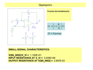 Opampninv
Función de transferencia:
SMALL-SIGNAL CHARACTERISTICS:
V($N_0002)/V_Vi = 1.100E+01
INPUT RESISTANCE AT V_Vi = 2.049E+09
OUTPUT RESISTANCE AT V($N_0002) = 2.897E-03
1
f
i
R
Vo Vi
R
 
 
 
 
Zi Zopamp

 