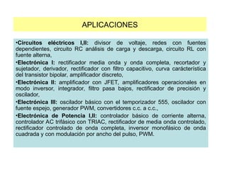 APLICACIONES
•Circuitos eléctricos I,II: divisor de voltaje, redes con fuentes
dependientes, circuito RC análisis de carga y descarga, circuito RL con
fuente alterna,
•Electrónica I: rectificador media onda y onda completa, recortador y
sujetador, derivador, rectificador con filtro capacitivo, curva carácterística
del transistor bipolar, amplificador discreto,
•Electrónica II: amplificador con JFET, amplificadores operacionales en
modo inversor, integrador, filtro pasa bajos, rectificador de precisión y
oscilador,
•Electrónica III: oscilador básico con el temporizador 555, oscilador con
fuente espejo, generador PWM, convertidores c.c. a c.c.,
•Electrónica de Potencia I,II: controlador básico de corriente alterna,
controlador AC trifásico con TRIAC, rectificador de media onda controlado,
rectificador controlado de onda completa, inversor monofásico de onda
cuadrada y con modulación por ancho del pulso, PWM.
 